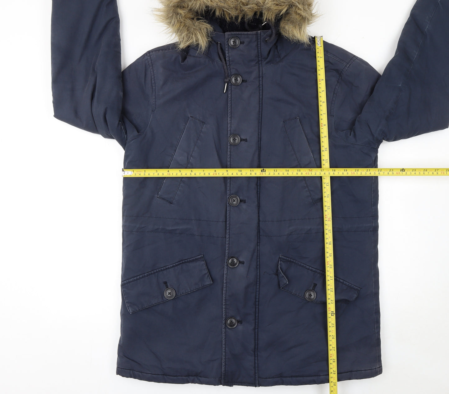 Farah Men's Navy Parka Coat Faux Fur Hood Size S Cotton Shell