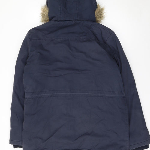 Farah Men's Navy Parka Coat Faux Fur Hood Size S Cotton Shell