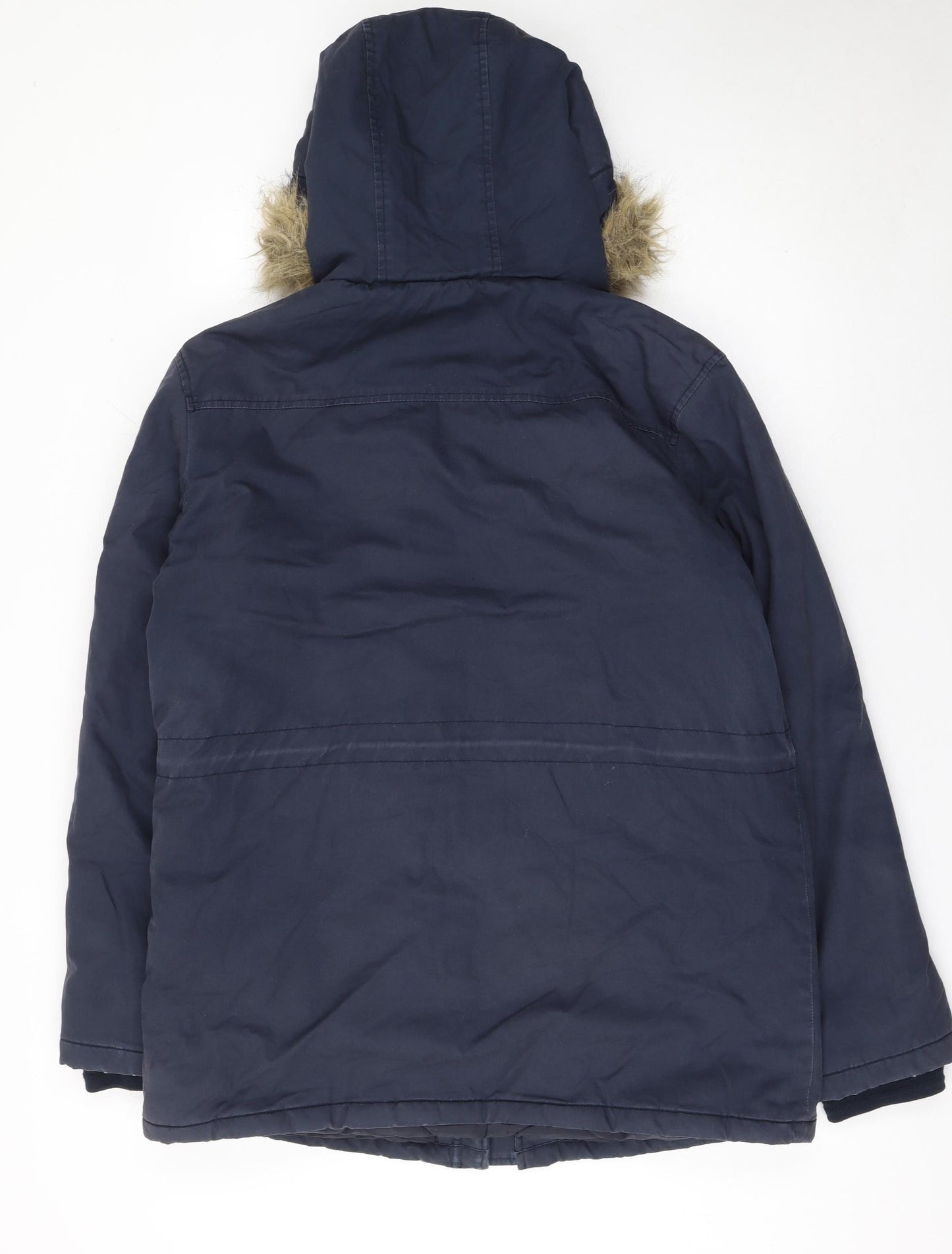 Farah Men's Navy Parka Coat Faux Fur Hood Size S Cotton Shell