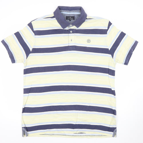 Marks and Spencer Men's Blue Striped Cotton Short Sleeve Polo Shirt L