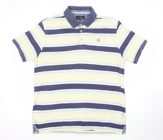 Marks and Spencer Men's Blue Striped Cotton Short Sleeve Polo Shirt L