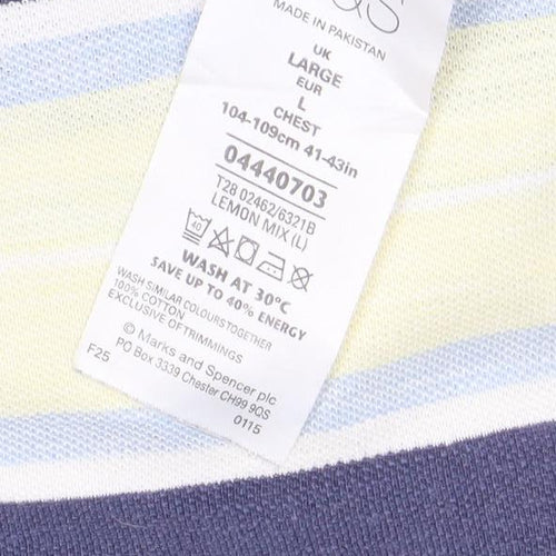 Marks and Spencer Men's Blue Striped Cotton Short Sleeve Polo Shirt L