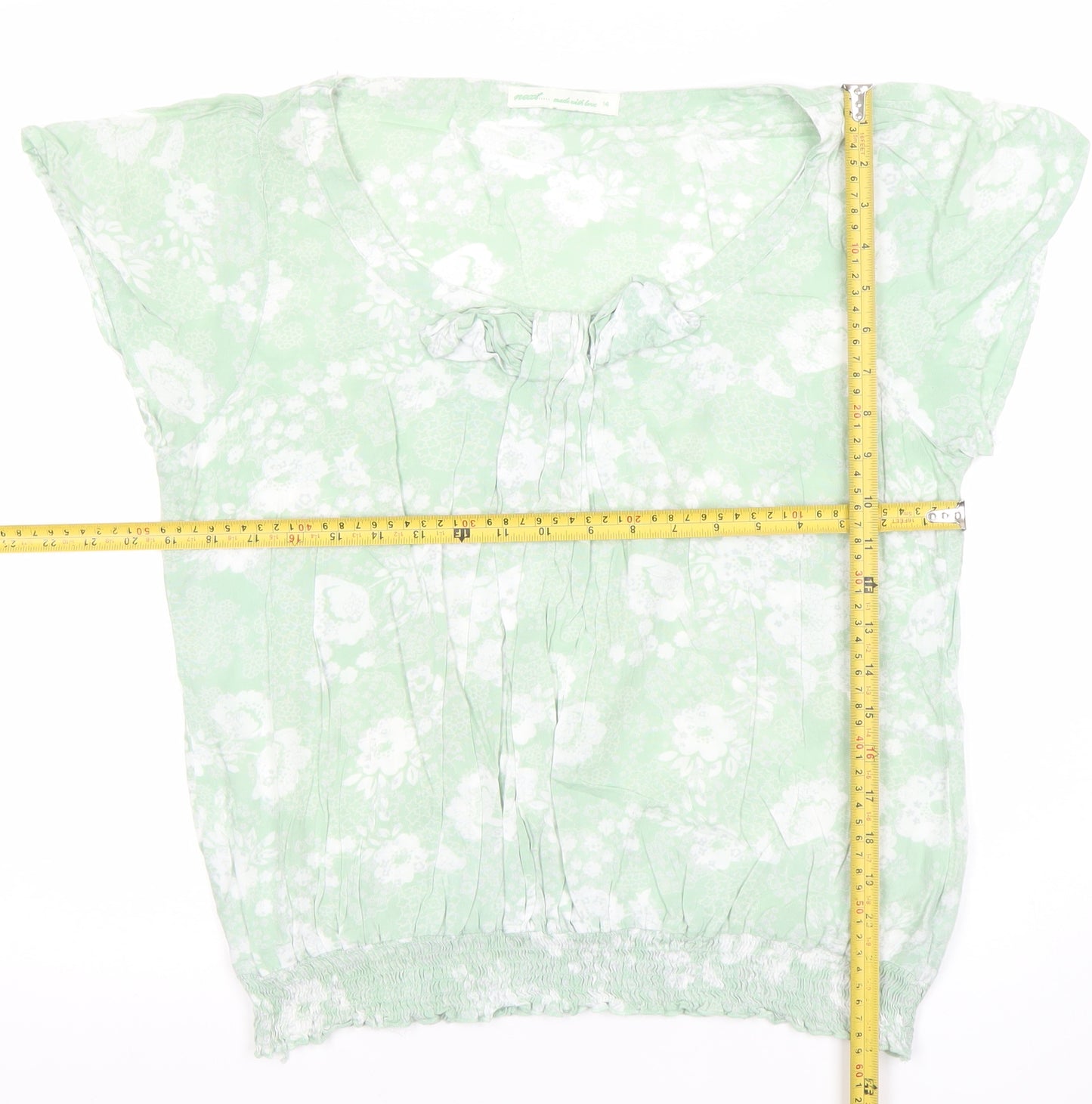 Next Women’s Green Floral Bow Blouse Size 14 Tunic Style