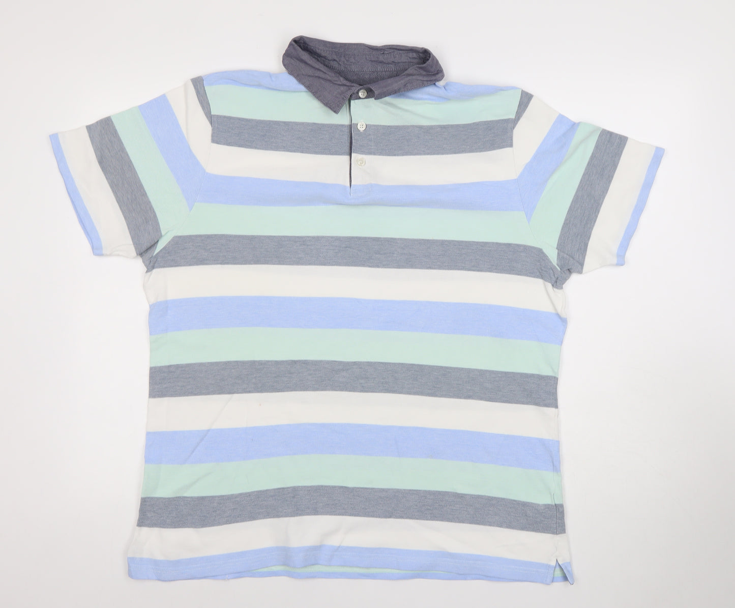 Marks and Spencer Men's Multicoloured Striped Cotton Polo Shirt Size L