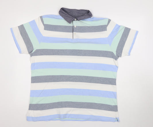 Marks and Spencer Men's Multicoloured Striped Cotton Polo Shirt Size L