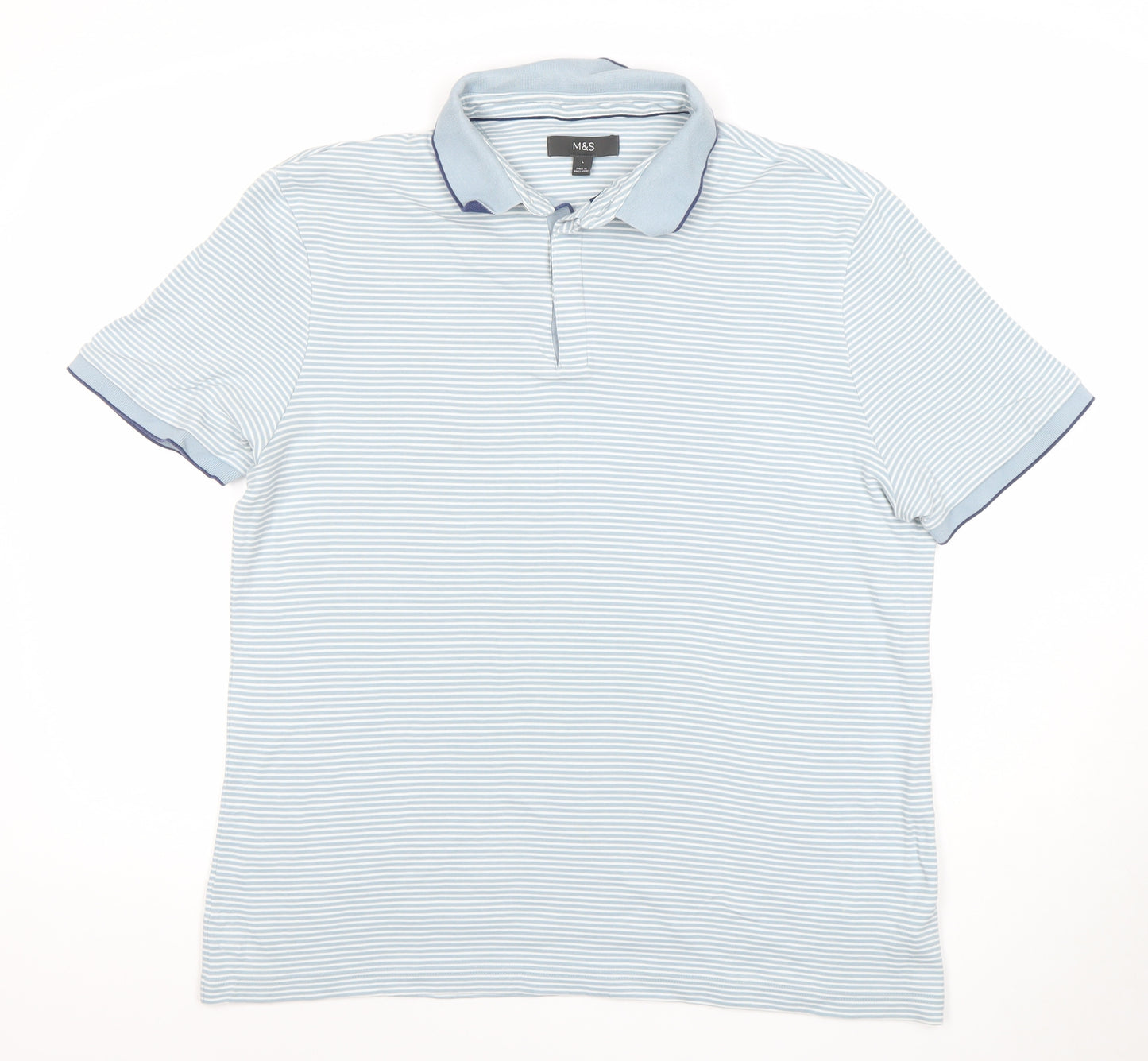 Marks and Spencer Men's Blue Striped Cotton Polo Shirt L