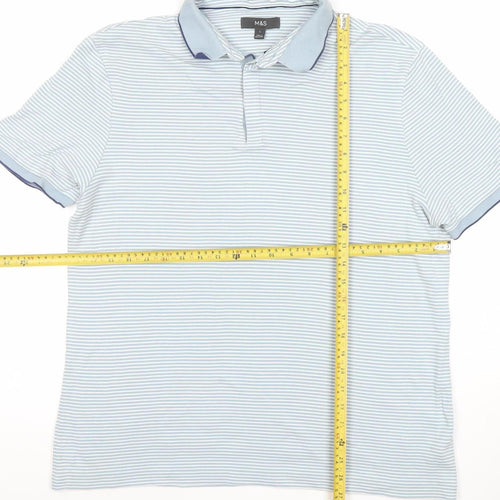 Marks and Spencer Men's Blue Striped Cotton Polo Shirt L