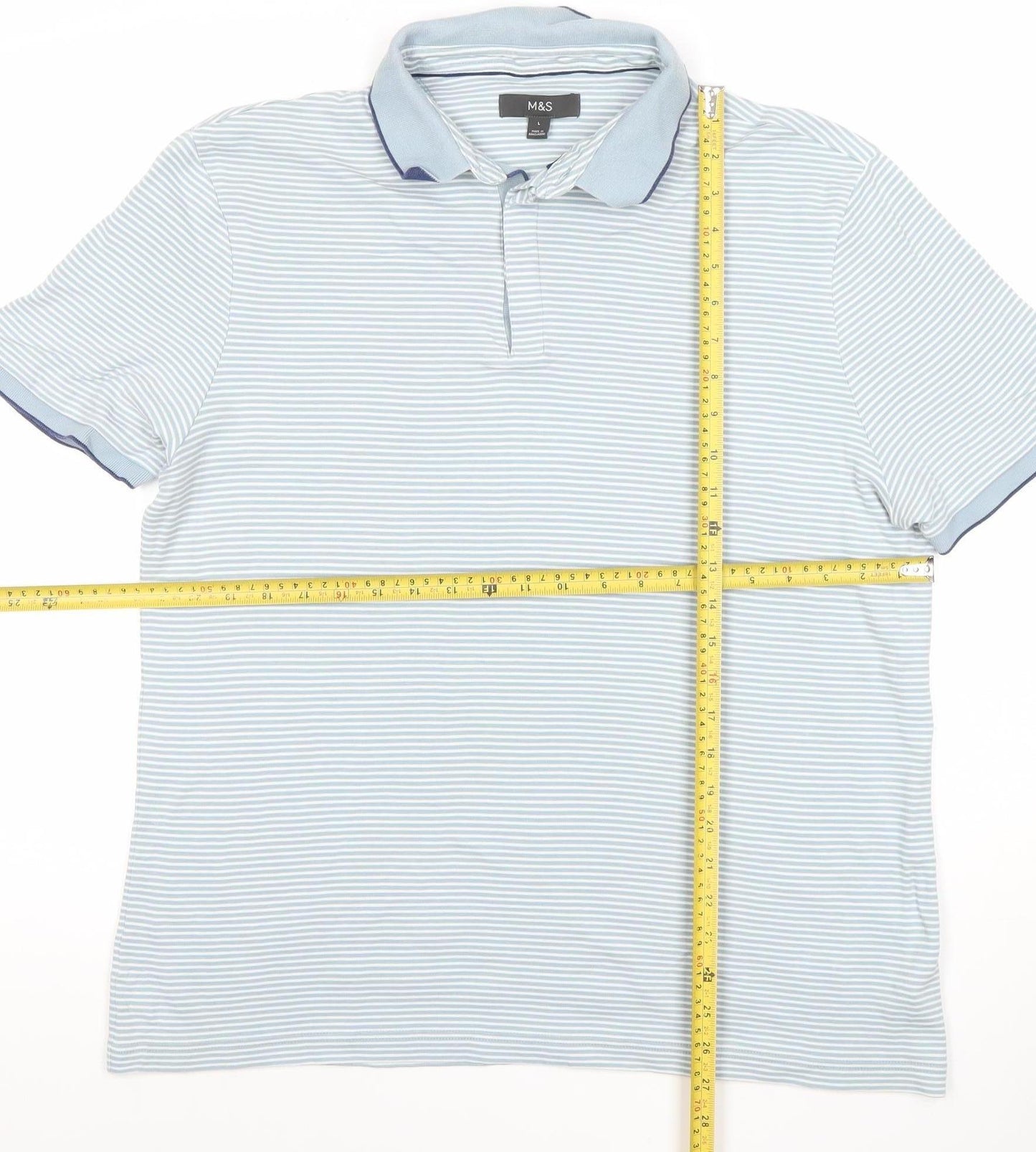 Marks and Spencer Men's Blue Striped Cotton Polo Shirt L