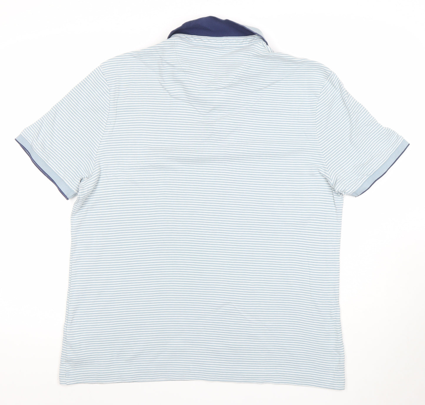 Marks and Spencer Men's Blue Striped Cotton Polo Shirt L