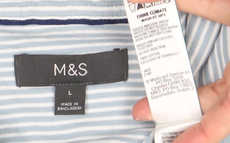 Marks and Spencer Men's Blue Striped Cotton Polo Shirt L