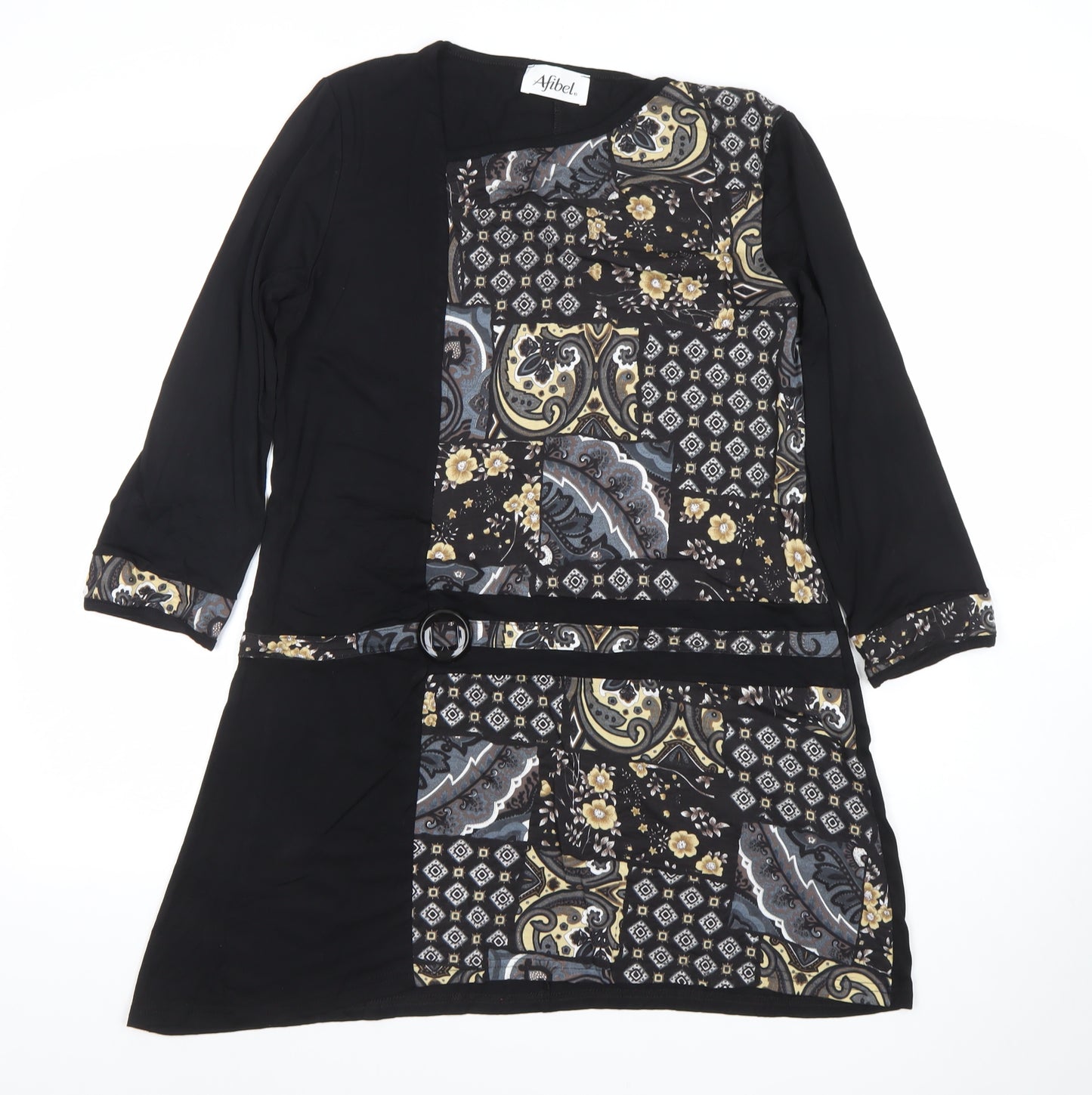 Afibel Women’s Black Paisley 3/4 Sleeve Knee Length Shift Dress Size 14