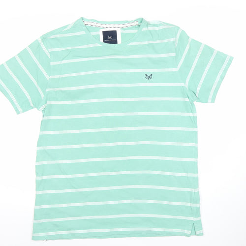 Crew Clothing Company Men's Green Striped Cotton T-Shirt Size L