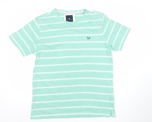 Crew Clothing Company Men's Green Striped Cotton T-Shirt Size L