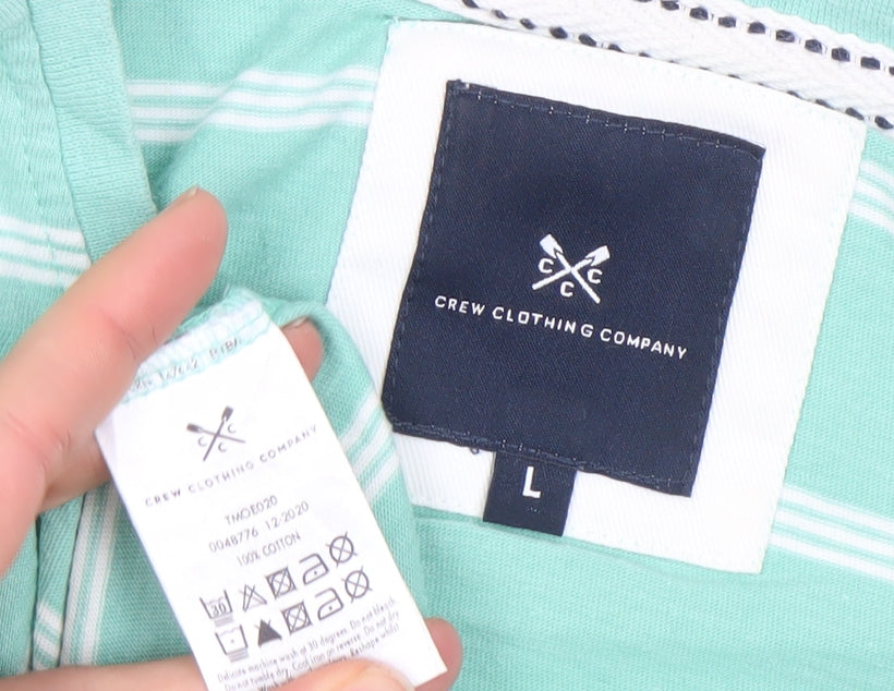 Crew Clothing Company Men's Green Striped Cotton T-Shirt Size L