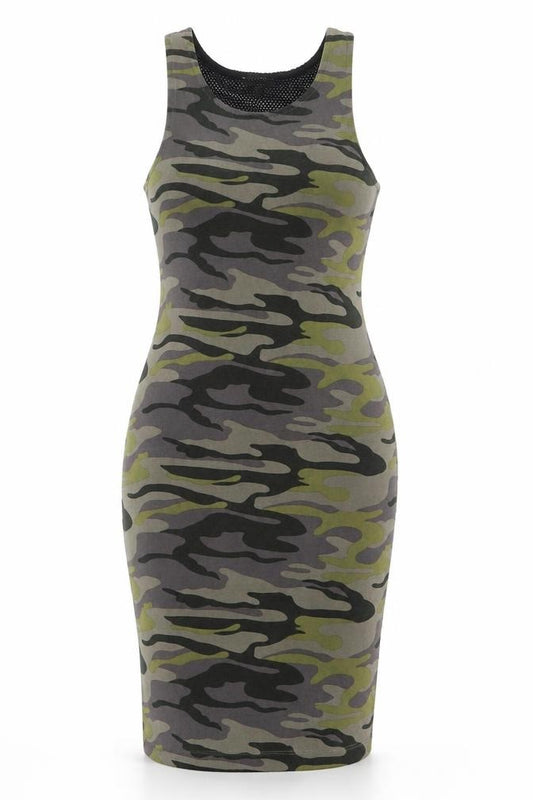 Front view of River Island women’s multicoloured camo tank dress, size UK 8