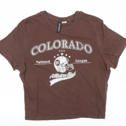 H&M Womens Brown Cropped Cotton T-Shirt Size 8 Sports Print