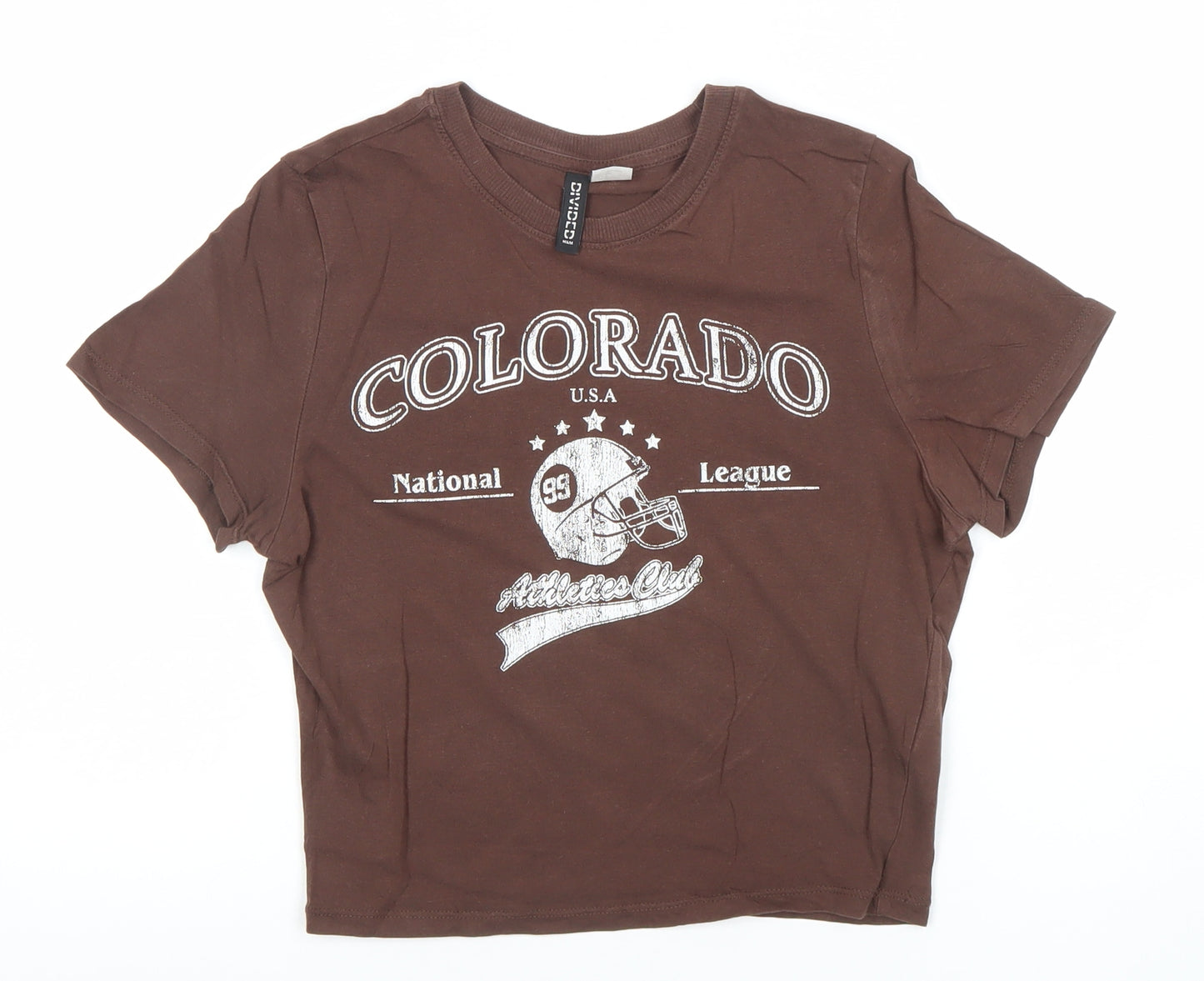 H&M Womens Brown Cropped Cotton T-Shirt Size 8 Sports Print