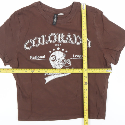 H&M Womens Brown Cropped Cotton T-Shirt Size 8 Sports Print