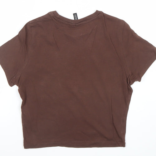 H&M Womens Brown Cropped Cotton T-Shirt Size 8 Sports Print