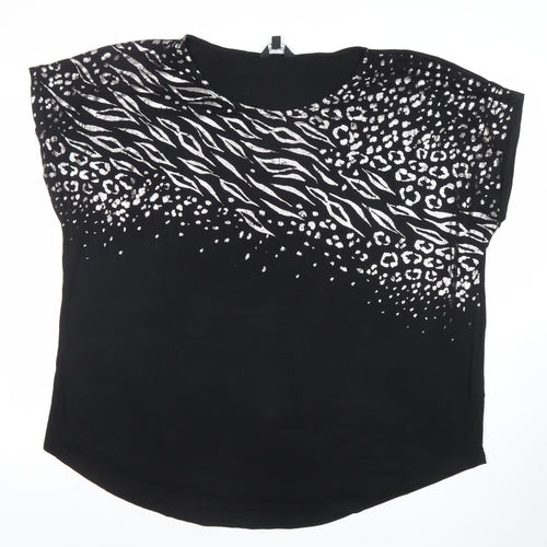 Capsule Womens Black Animal Print Relaxed Fit Crew Neck Blouse Size 16
