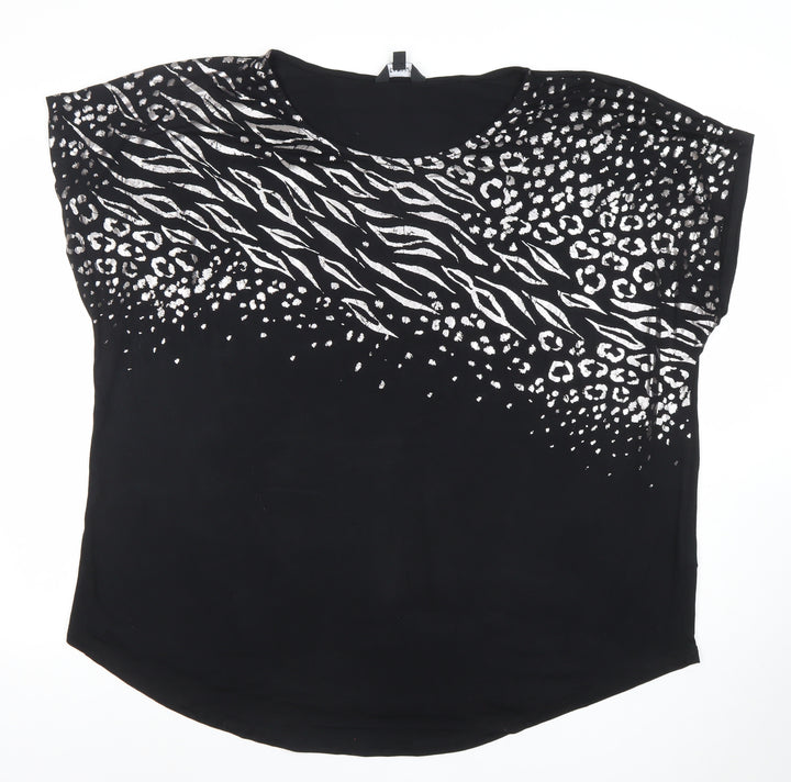 Capsule Womens Black Animal Print Relaxed Fit Crew Neck Blouse Size 16