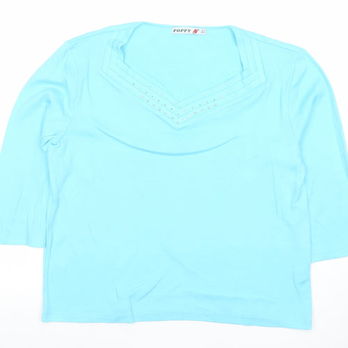 Poppy Womens Blue V-Neck Beaded T-Shirt UK 14 3/4 Sleeve