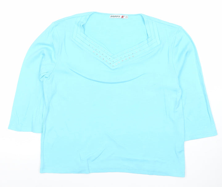 Poppy Womens Blue V-Neck Beaded T-Shirt UK 14 3/4 Sleeve