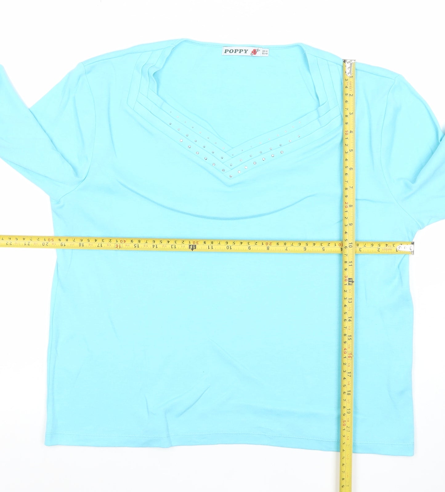 Poppy Womens Blue V-Neck Beaded T-Shirt UK 14 3/4 Sleeve
