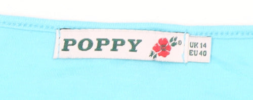 Poppy Womens Blue V-Neck Beaded T-Shirt UK 14 3/4 Sleeve