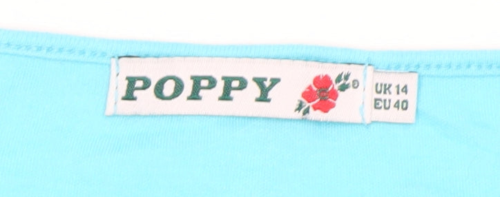 Poppy Womens Blue V-Neck Beaded T-Shirt UK 14 3/4 Sleeve
