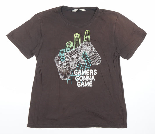 H&M Boys Brown Gamers Gonna Game T-Shirt 10-12 Years Short Sleeve Cotton