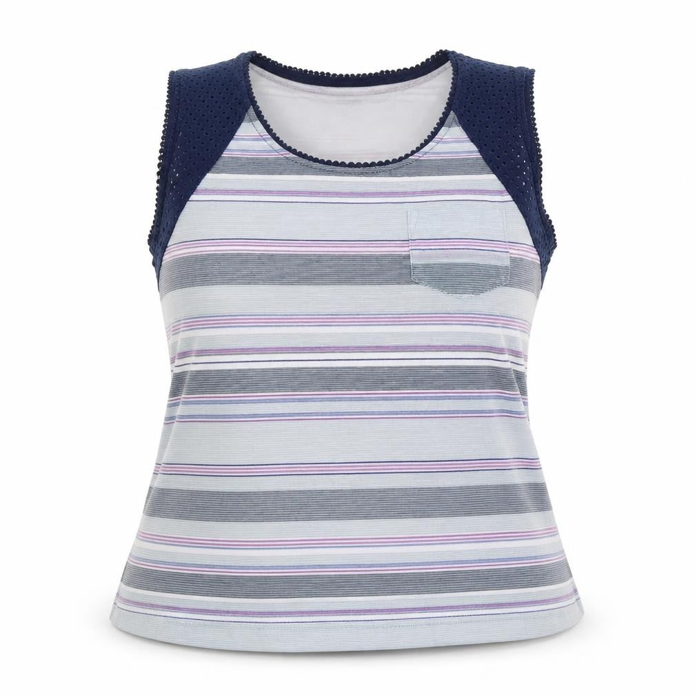 Front view of Matalan Women's Multicoloured Cotton Modal Striped Crochet Tank Top, size 18