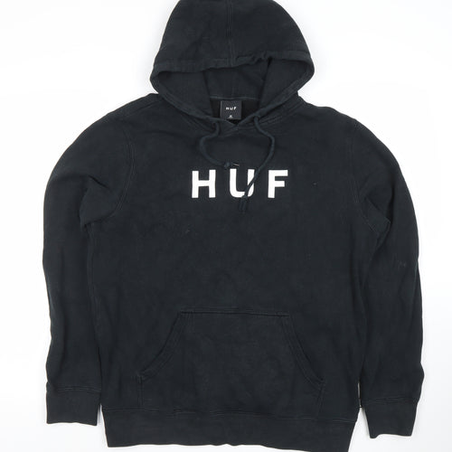 HUF Men's Black Pullover Hoodie Medium Logo Fleece Sweatshirt
