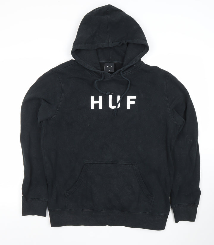 HUF Men's Black Pullover Hoodie Medium Logo Fleece Sweatshirt