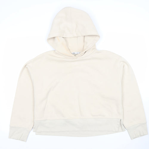 ZARA Women Beige Hooded Pullover Sweatshirt Size M Cotton Blend
