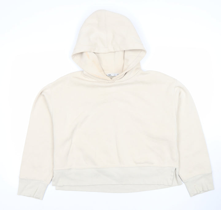 ZARA Women Beige Hooded Pullover Sweatshirt Size M Cotton Blend