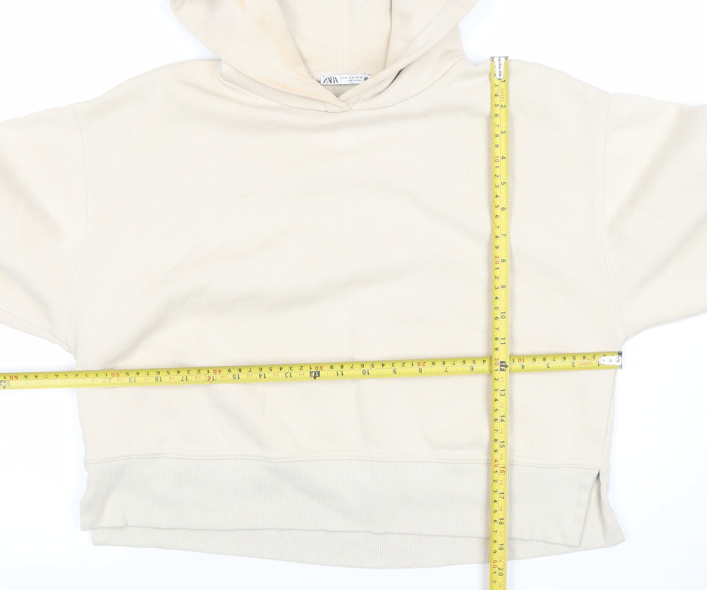 ZARA Women Beige Hooded Pullover Sweatshirt Size M Cotton Blend