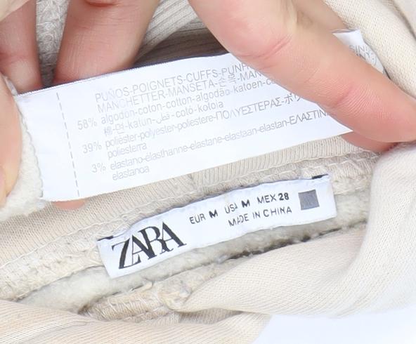 ZARA Women Beige Hooded Pullover Sweatshirt Size M Cotton Blend