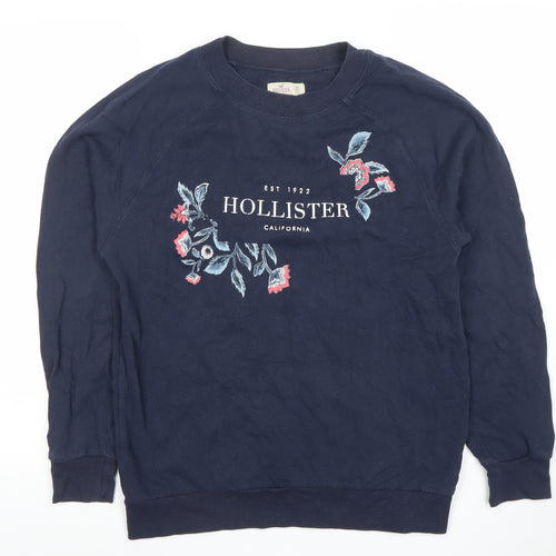 Hollister Women Navy Blue XS Embroidered Logo Crew Neck Sweatshirt