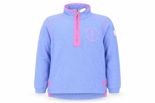Front view of Lazy Jacks girls’ blue 1/2 zip nautical sweatshirt 11-13 years cotton