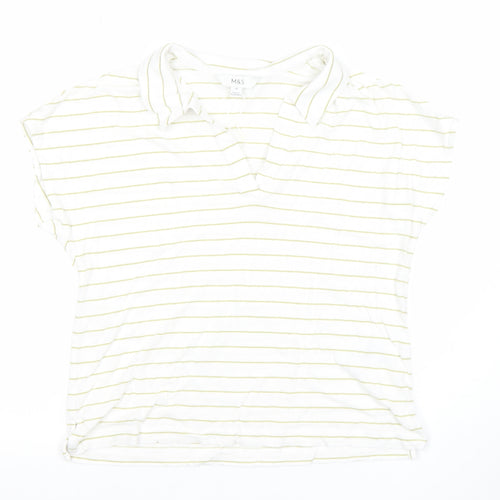 Marks and Spencer Women’s White Striped Collared Polo Top Size 10 Linen Blend