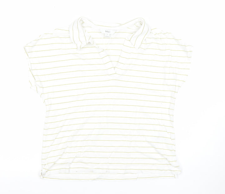 Marks and Spencer Women’s White Striped Collared Polo Top Size 10 Linen Blend