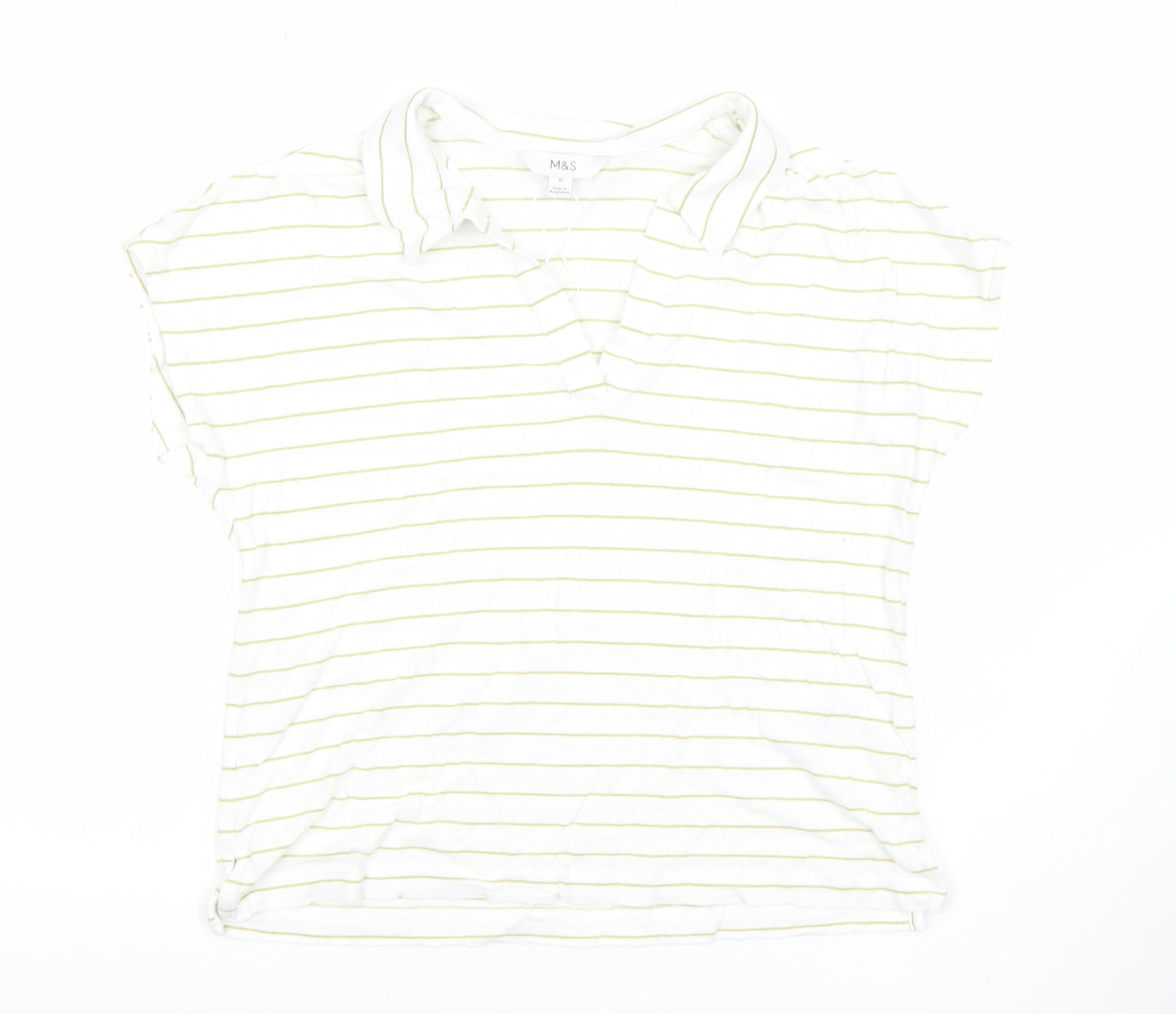Marks and Spencer Women’s White Striped Collared Polo Top Size 10 Linen Blend