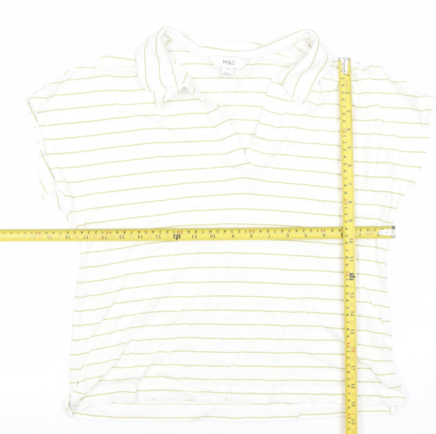 Marks and Spencer Women’s White Striped Collared Polo Top Size 10 Linen Blend