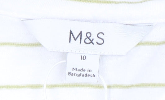 Marks and Spencer Women’s White Striped Collared Polo Top Size 10 Linen Blend