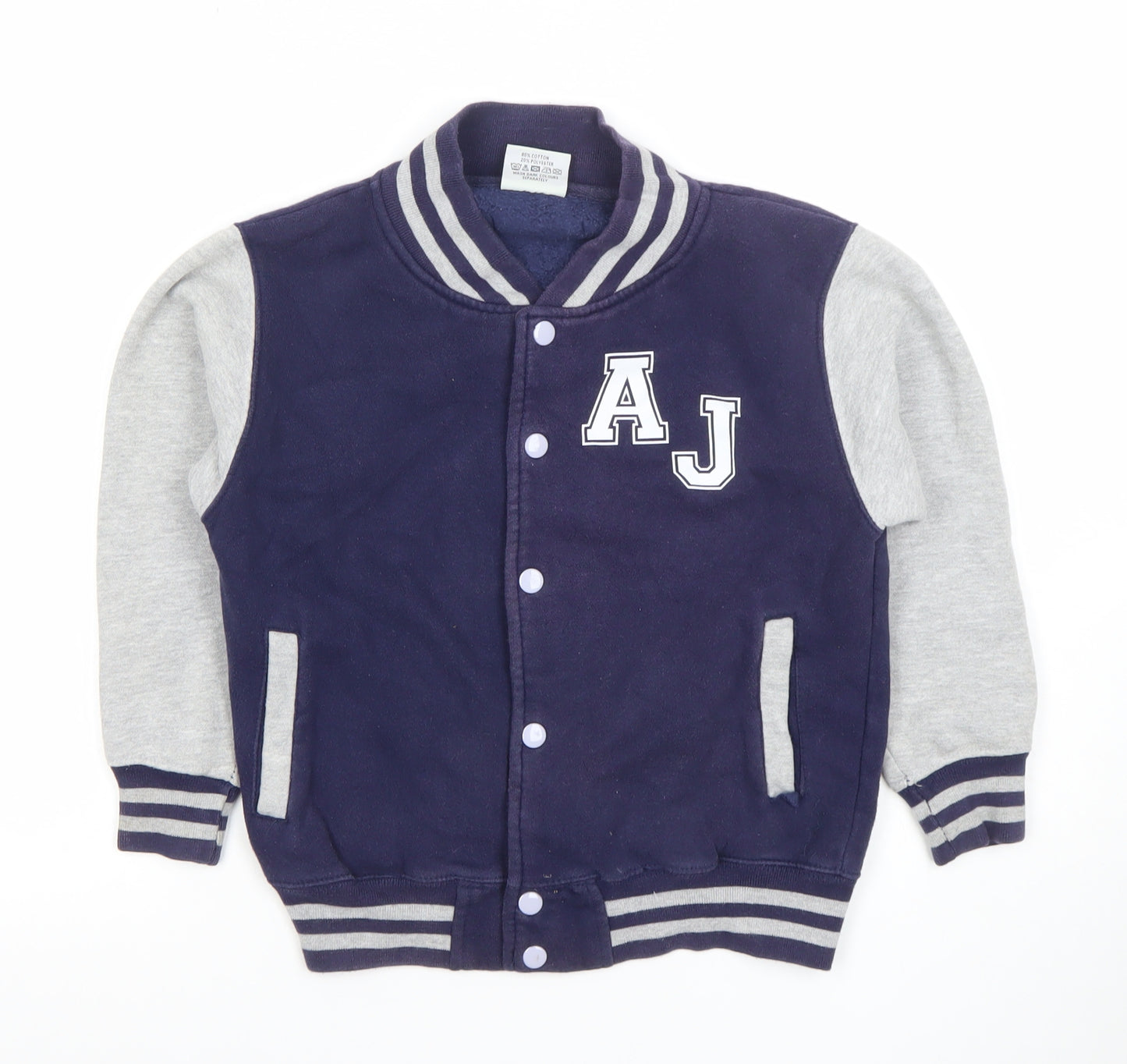 AWDis Boys Blue Varsity Jacket 7-8 Years Cotton Blend Snap Style
