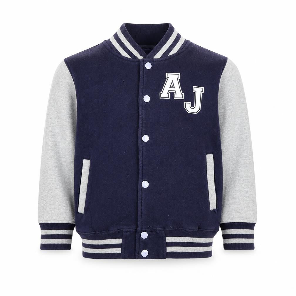 Front view of AWDis boys’ blue varsity jacket 7-8 years cotton blend snap style