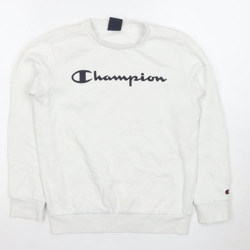 Champion Boys White Pullover Sweatshirt L Regular Fit Crew Neck Logo Fleece