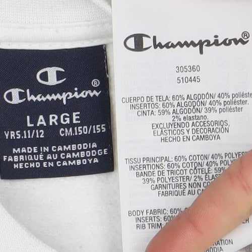 Champion Boys White Pullover Sweatshirt L Regular Fit Crew Neck Logo Fleece