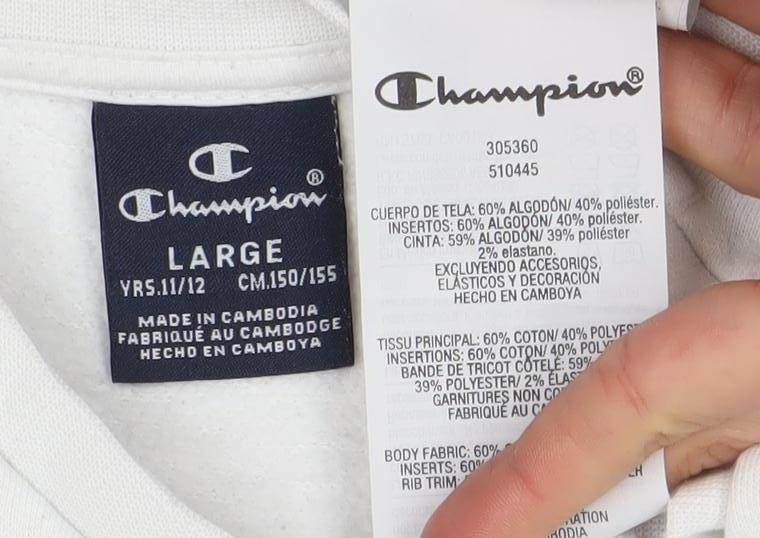 Champion Boys White Pullover Sweatshirt L Regular Fit Crew Neck Logo Fleece